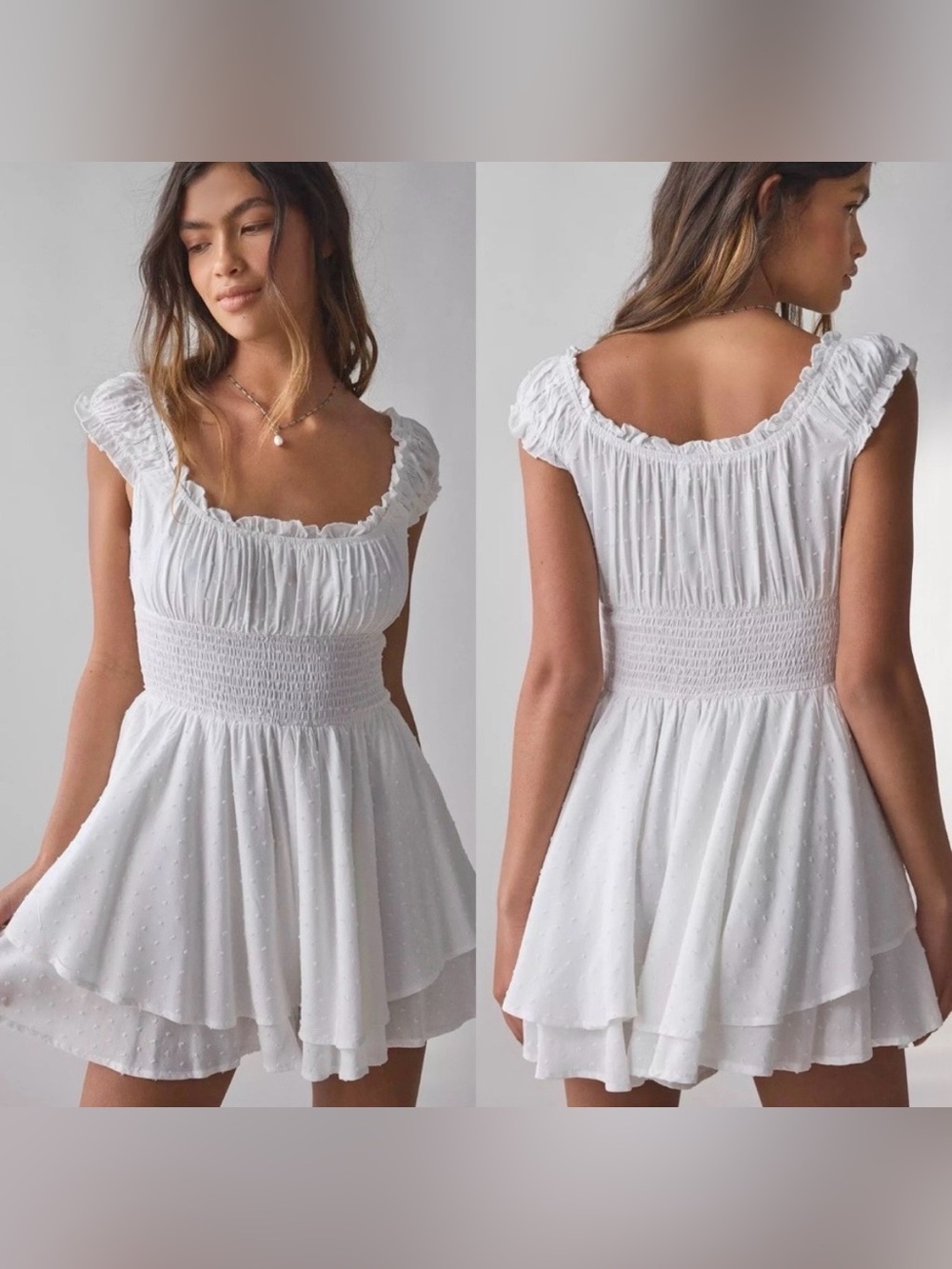 Urban Outfitters white romper womens medium flowy ruffle smocked tiered Rosie